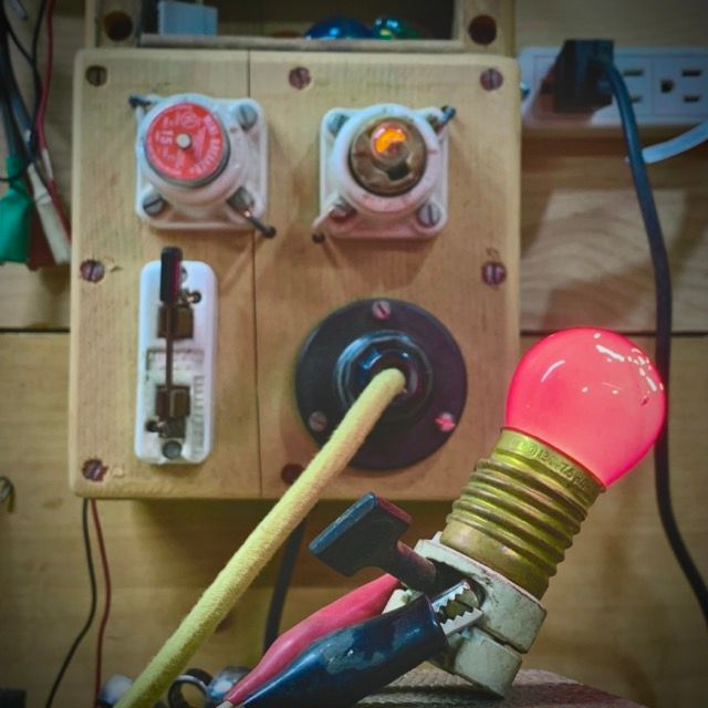 A custom made electric lamp socket tester used at The Lamp Repair Shop in South Portland, Maine.