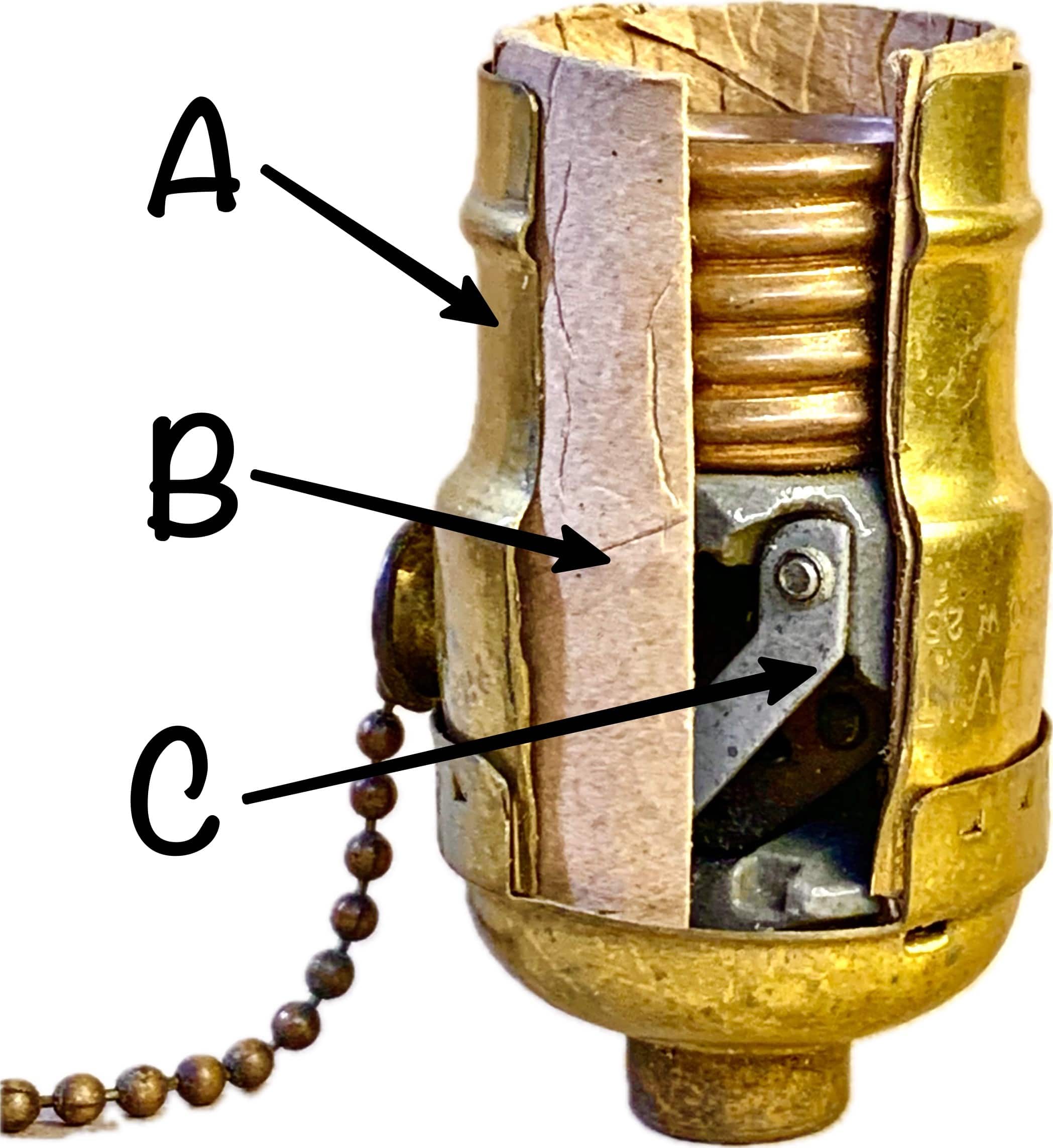 For identification purposes, The Lamp Repair Shop provides this cut-away to help identify the different components of a standard light bulb socket.