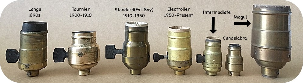 This photo shows the evolution of early to mid-century electric light bulb sockets found at The Lamp Repair Shop, LLC in South Portland, Maine.
